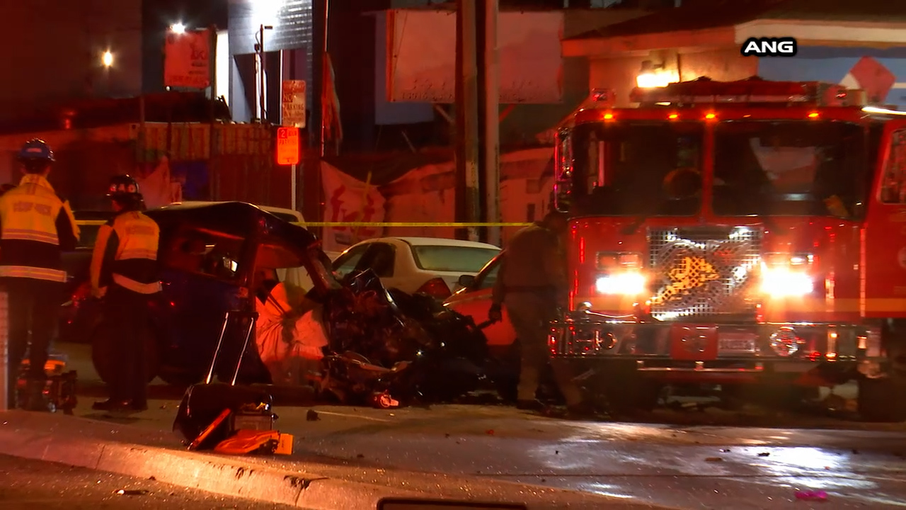 2 dead after suspected street race ends with crash into fire truck in Compton area